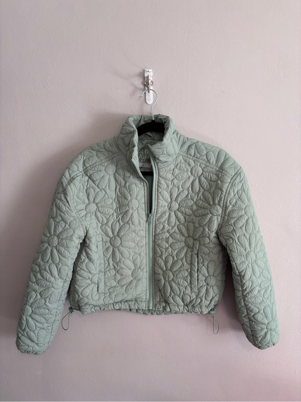 Love Tree Quilted Floral Crop Puffer Jacket - Sage Green